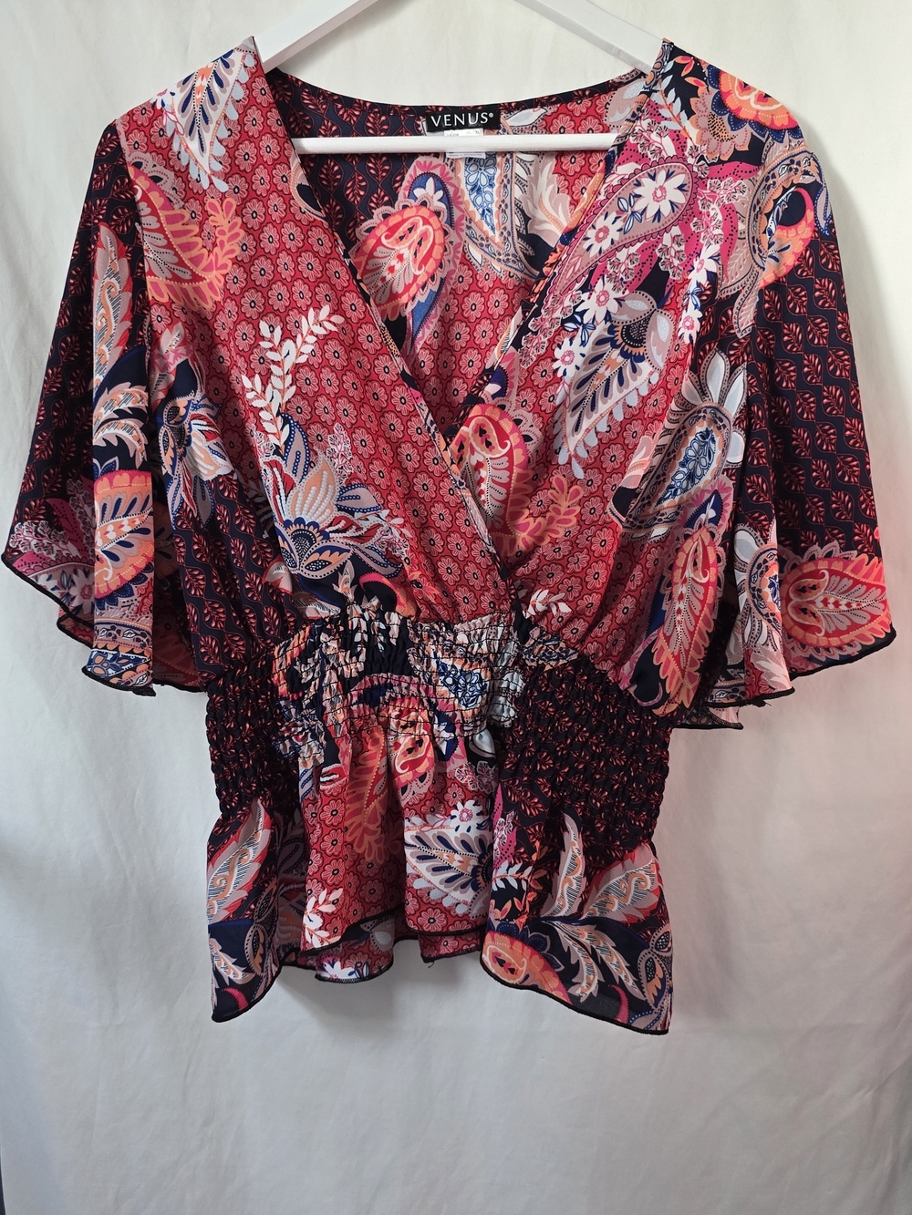 Venus Floral & Paisley Lightweight Boho Top Smocked Waist Flutter Sleeves XL